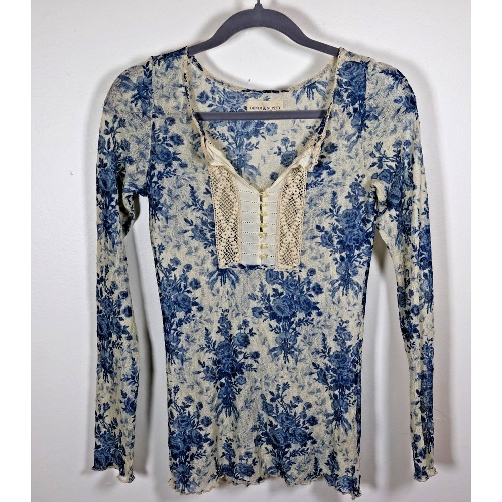 Denim & Supply Ralph Lauren Top Women's Small Blue White Floral Sheer Lace